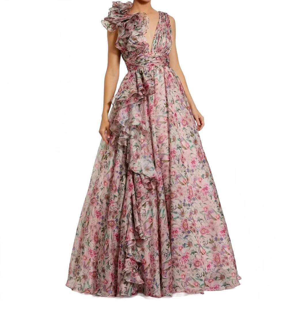 NEW MAC DUGGAL floral chiffon ruffle ball gown in pink multi